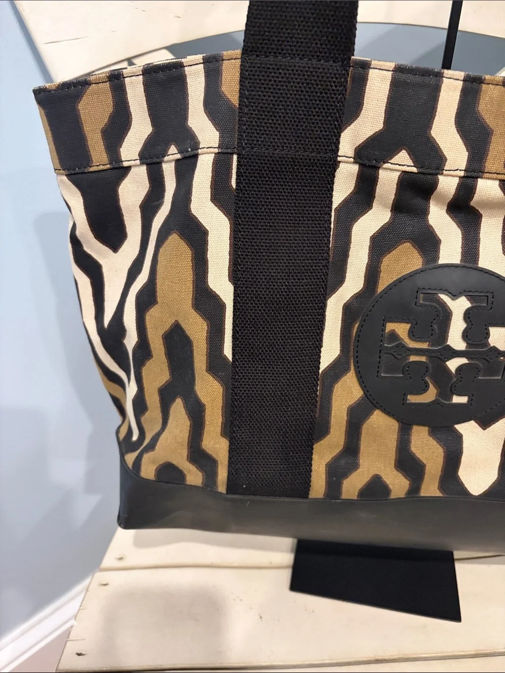 Tory Burch Ella Tote Canvas Bag in Black, Brown & Cream